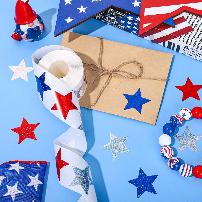 Whaline Patriotic Star Stickers Roll Glitter Star Waterproof Decals 4th of July Sparkly Self-Adhesive Stickers for Memorial Day Independence Day Party Supplies Envelope Scrapbook Decor, 500Pcs - Image 3